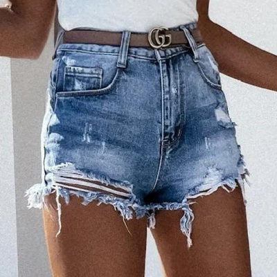 Denis - Hoog-Taille Versleten Denim Short met Franje